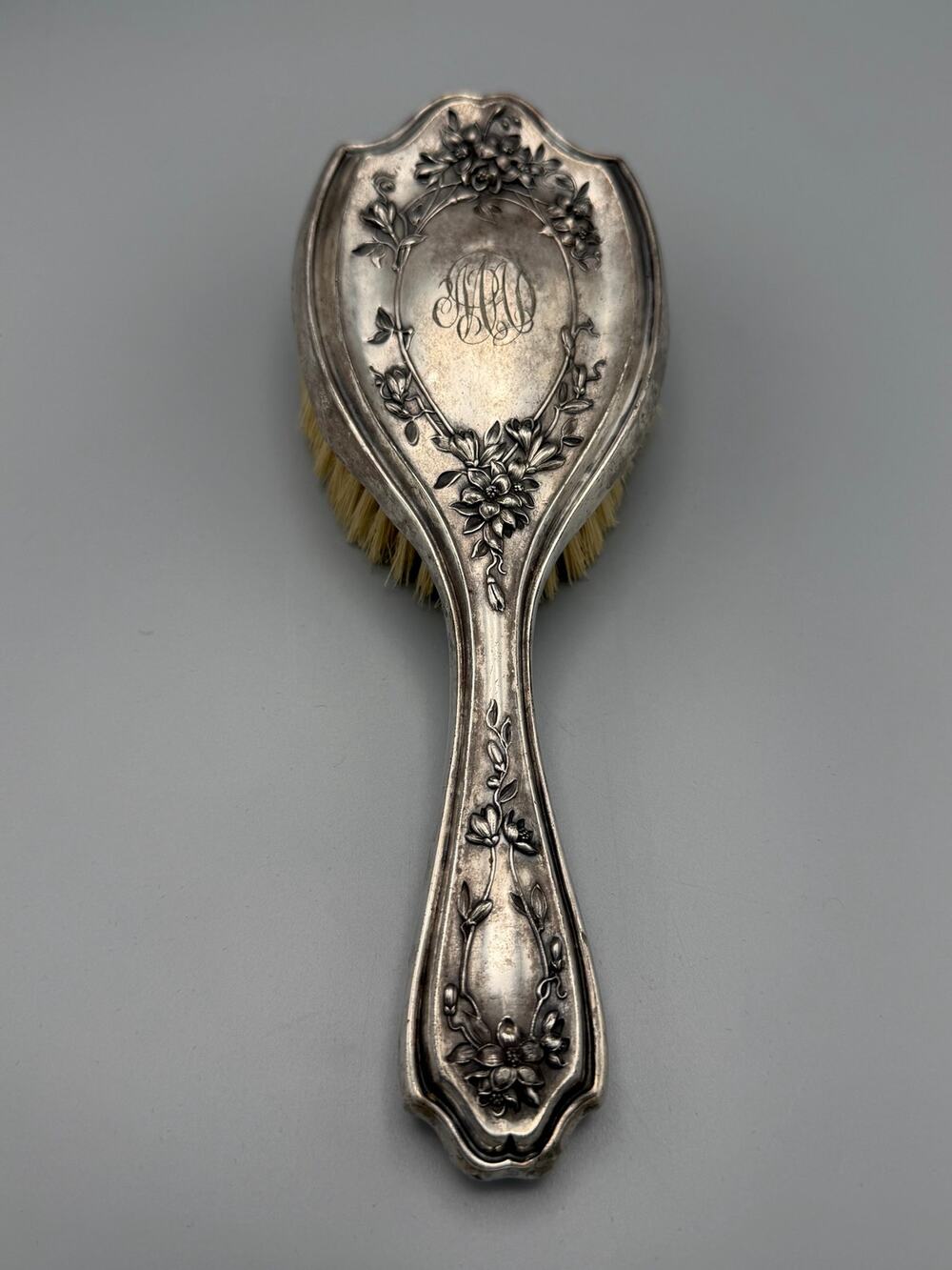 Floral Silver Toned Hair Brush Vanity Monogram Raised Flowers Antique Style